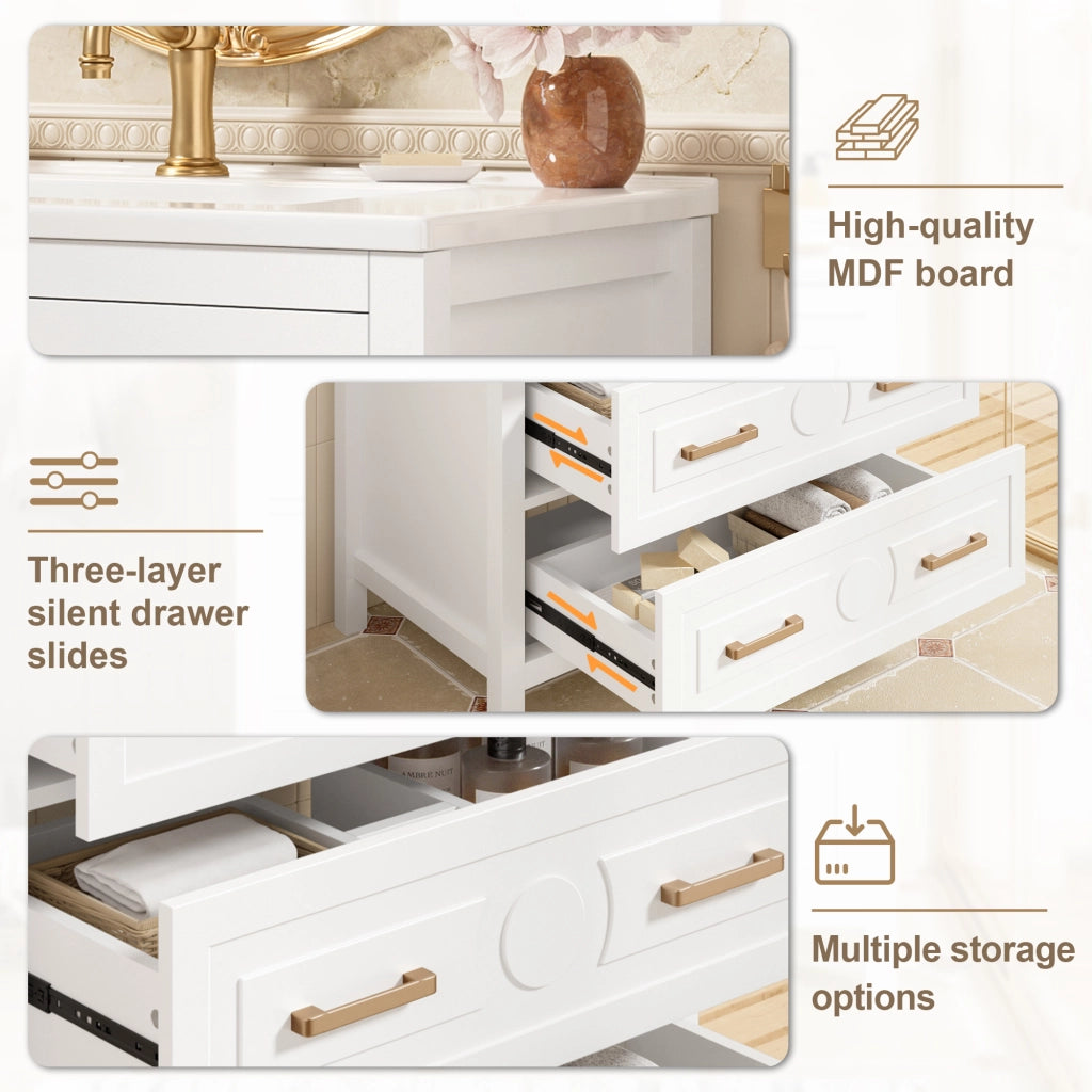 Mobile sottolavabo con 3 cassetti e lavabo in ceramica, finitura laccata, per bagno, bianco, 76,5 × 47 × 82 cm