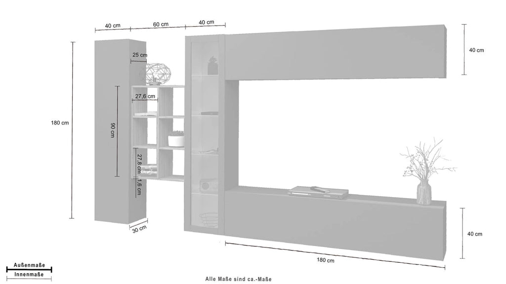 Parete Attrezzata Soggiorno 340x30x180 cm Maruska n°14 Grigio Antracite Opaco/Rovere Wotan