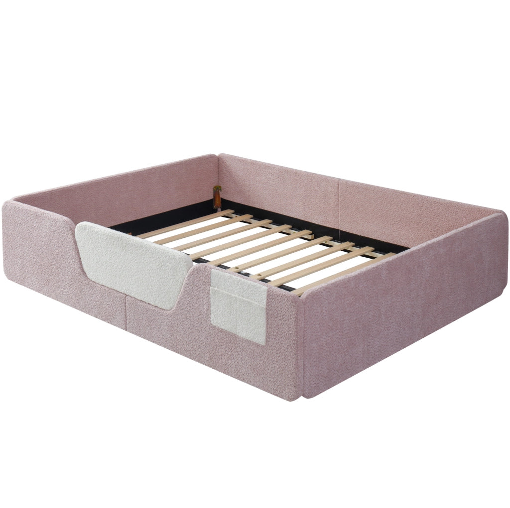 Letto imbottito 140x190 cm con sponde rimovibili e tasca laterale in velluto rosa