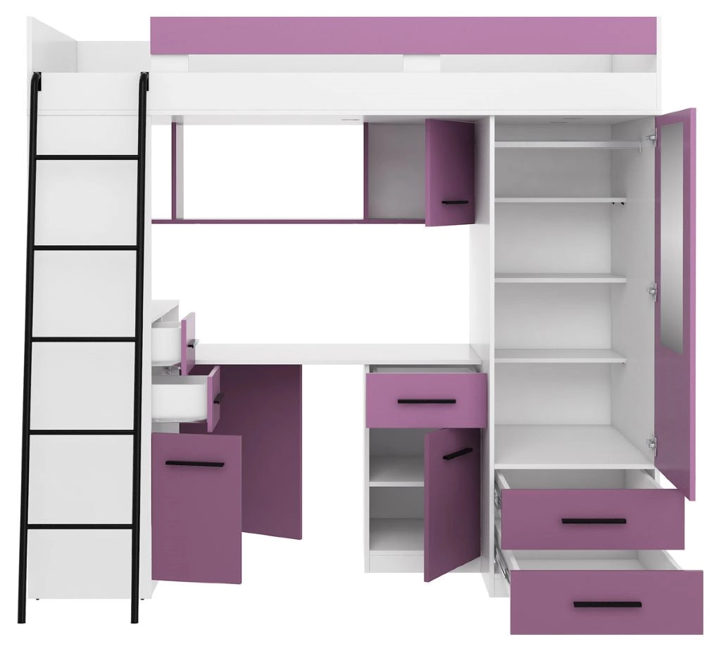 BIM Furniture letto soppalco con scrivania SMYK L cm110x204x188h Bianco Lavanda
