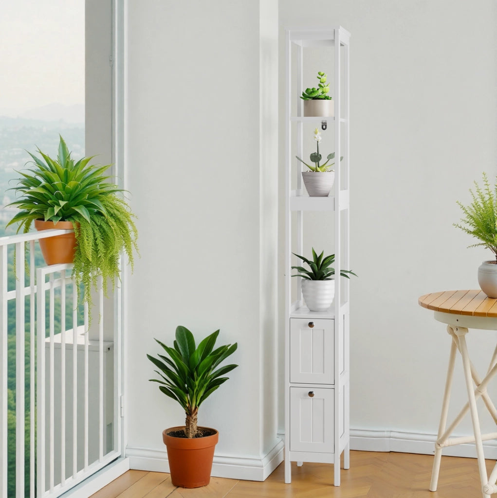 Mobiletto bagno stretto bianco 2 cassetti e 3 ripiani