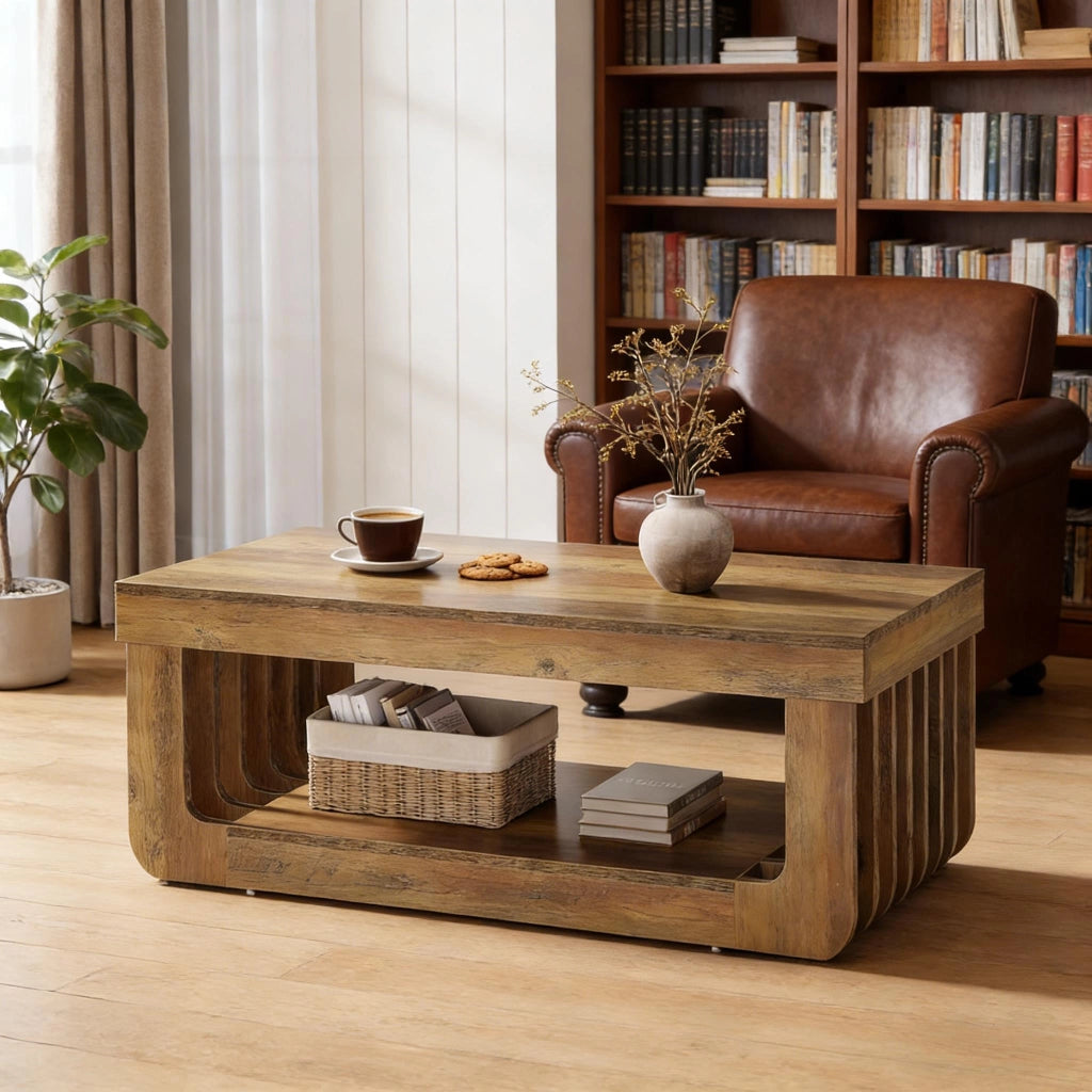 Tavolino basso con ripiano inferiore e vani aperti, stile rustico, per soggiorno, in MDF marrone, 120 × 60 × 45 cm