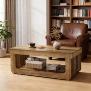 Tavolino basso con ripiano inferiore e vani aperti, stile rustico, per soggiorno, in MDF marrone, 120 × 60 × 45 cm