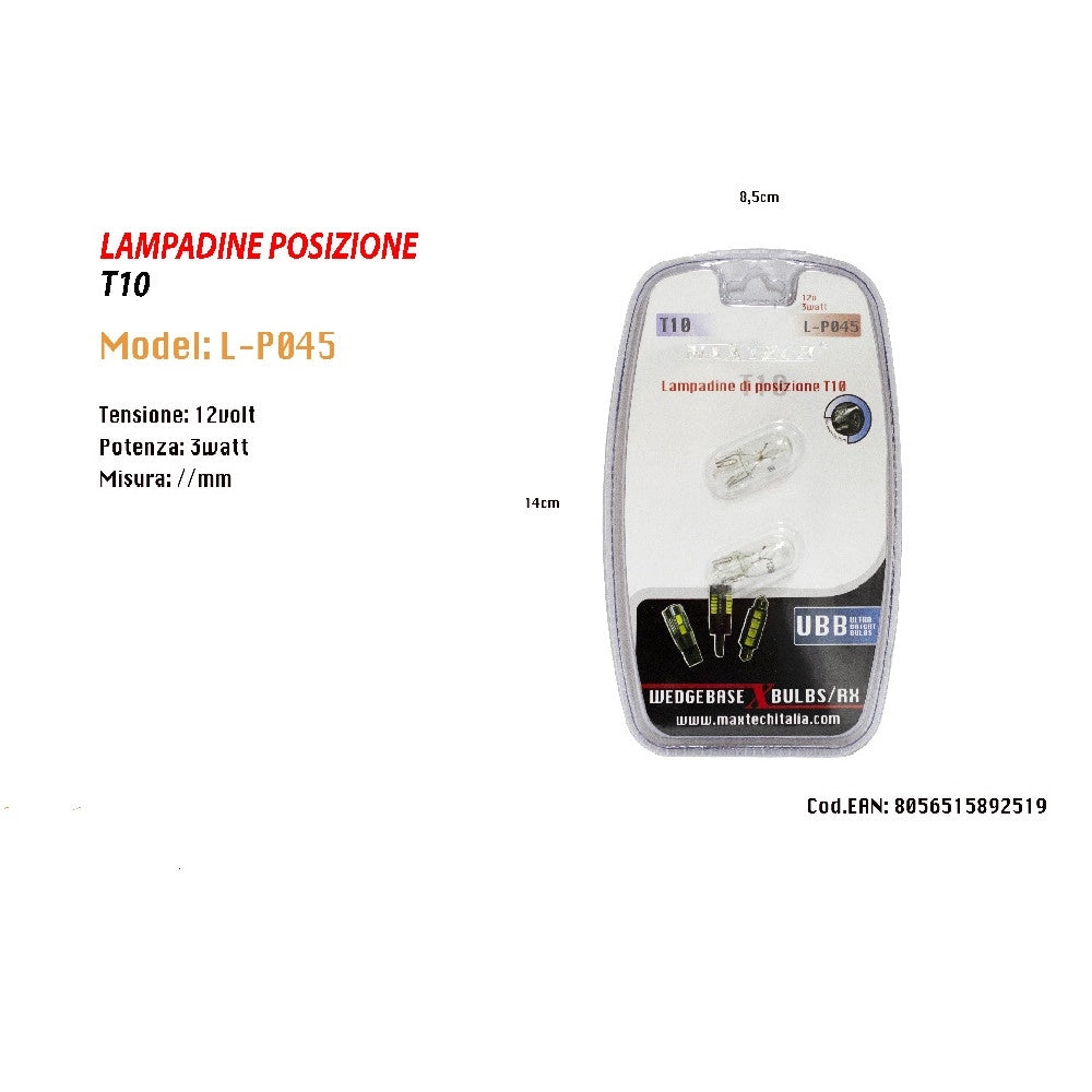 Trade Shop - Lampadine Di Posizione T10 Maxtech L-p045 12v - 3w Lampadine Ultra Luminose -