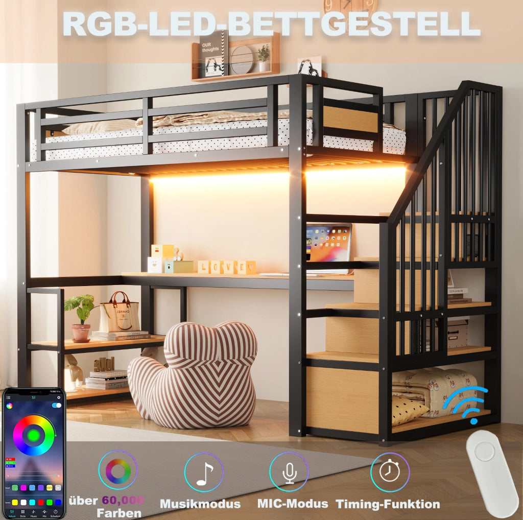 Letto a soppalco 90x200 cm con scrivania; ripiani e scala contenitore in metallo nero