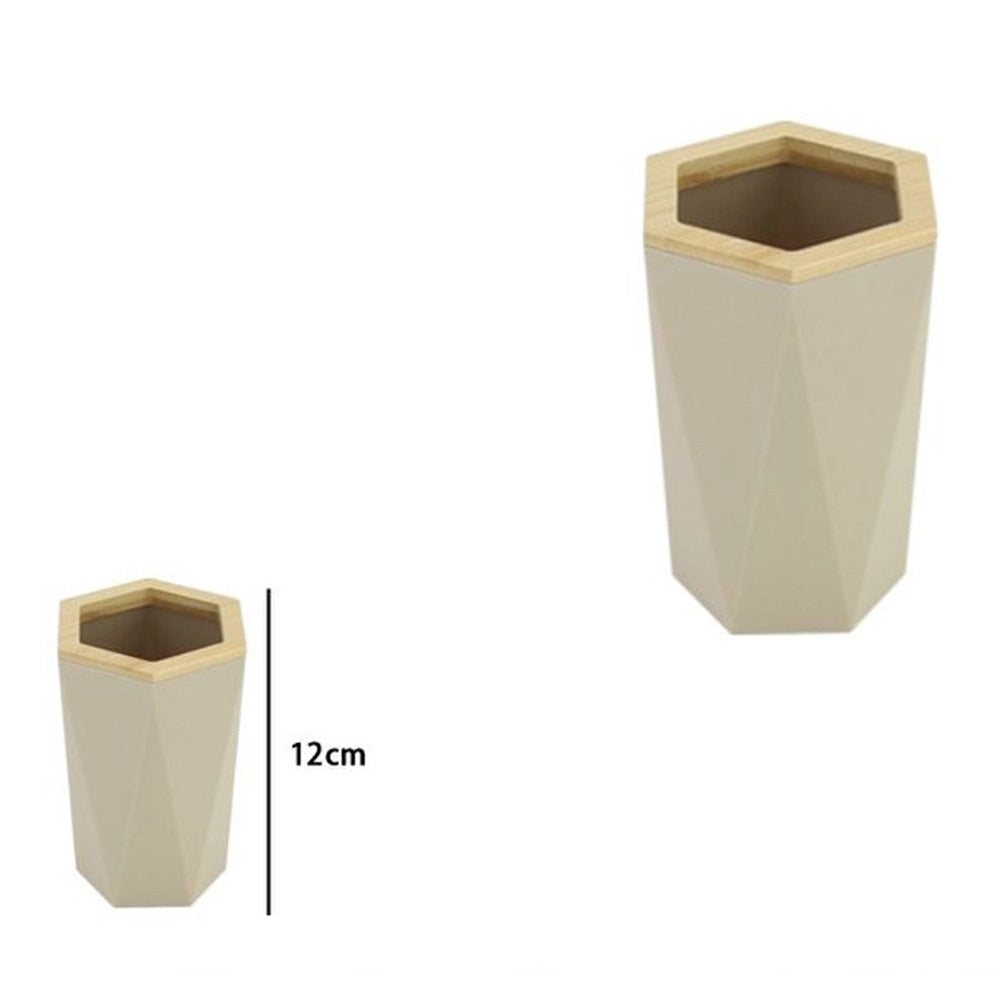Trade Shop - Bicchiere Porta Spazzolini A Cilindro Esagonale Geometrico Beige Legno Da Bagno 10842 -