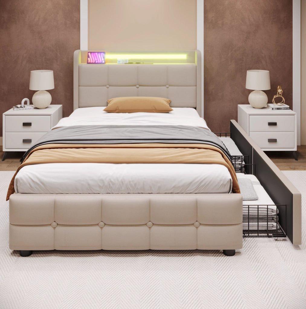 Letto singolo 90x200 cm con USB; prese; LED e 2 cassetti; beige