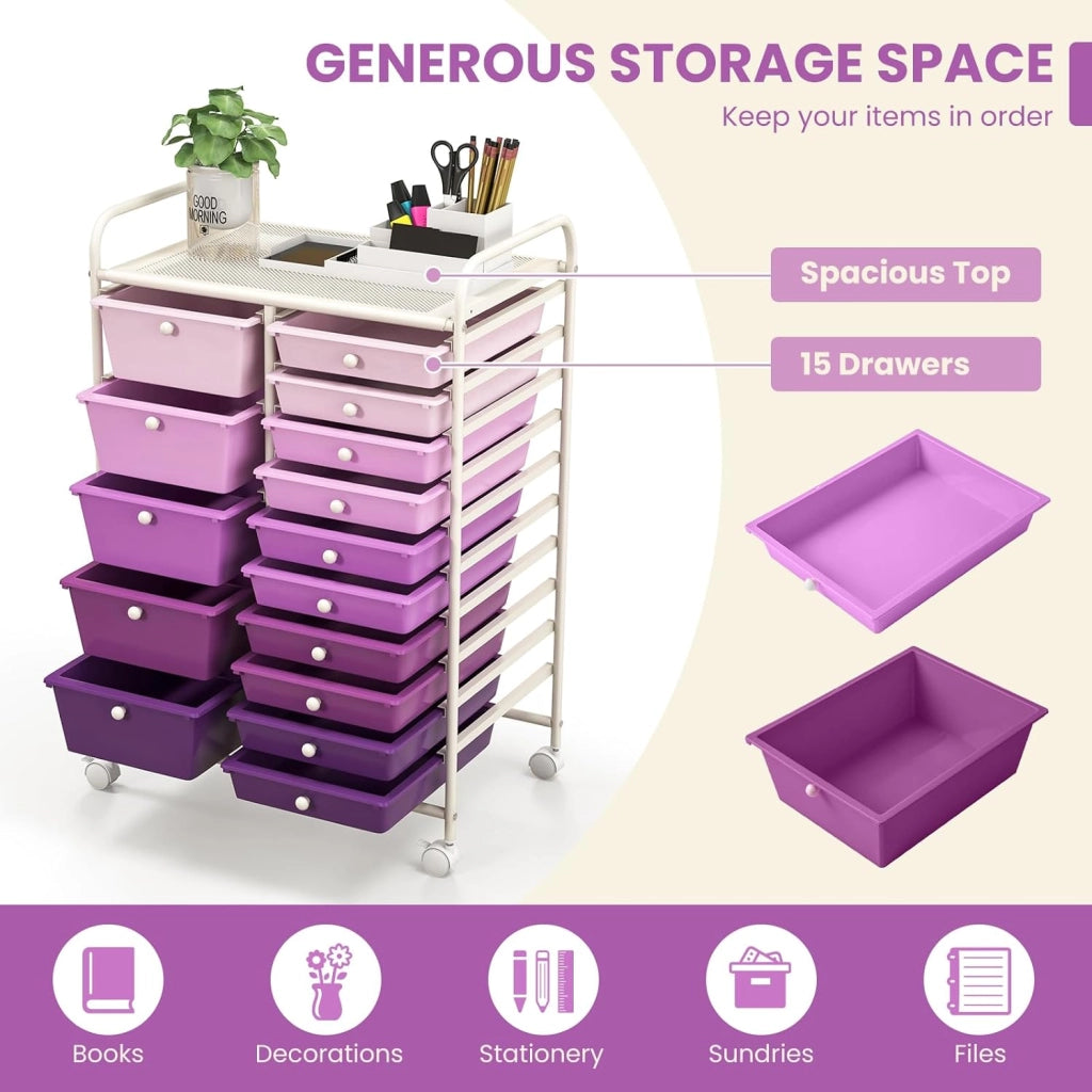 Carrelli Porta Oggetti, con 10+5 Cassetti Impilabili, 2 Ruote Bloccabili, Braccioli Metallici, Portabile e Pratico, per Ufficio, Studio, Cucina,Bagno, 5 Colori Disponibili, 62,5x37x87 cm