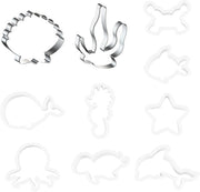 8 forme di biscotti con animali, 1 forma con conchiglia, 1 forma con farfalla marina, biscotto, torta con animali marini