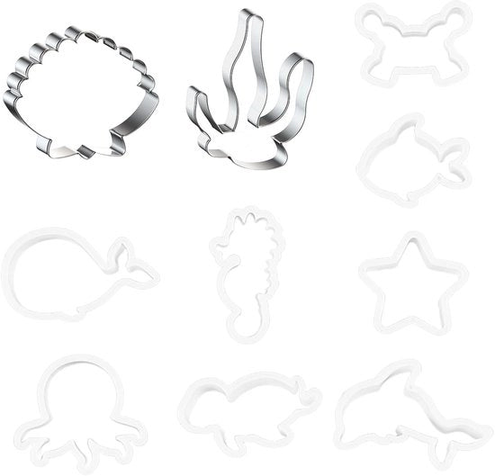 8 forme di biscotti con animali, 1 forma con conchiglia, 1 forma con farfalla marina, biscotto, torta con animali marini