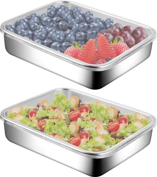 Set di 2 contenitori a doppio strato per cibo, contenitori per cibo in acciaio inossidabile con coperchio, a tenuta di aria, riciclabili, sovrapposti, lavabili in lavastoviglie, per carne, formaggio, frutta e verdura (grande)