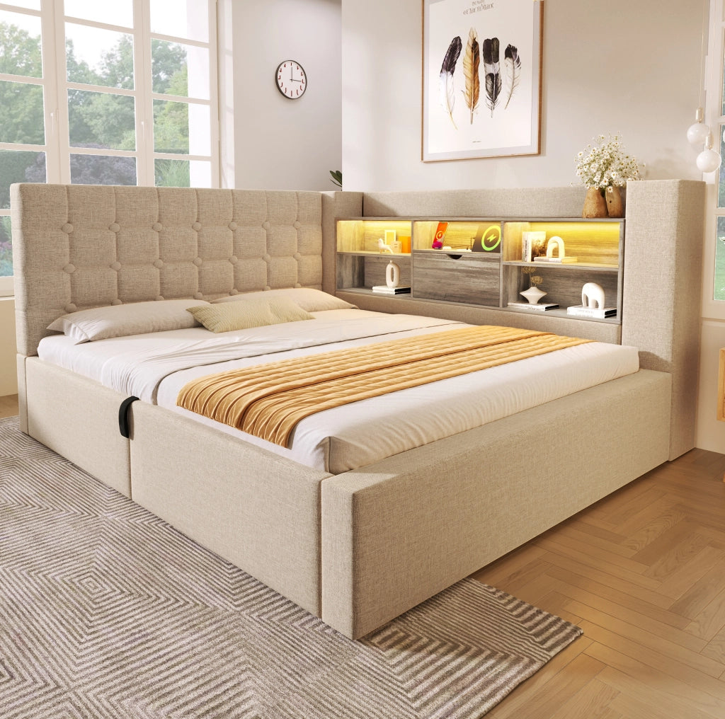 Letto imbottito 140x200 cm con LED, ricarica e contenitore