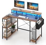 Scrivania Angolare da Gaming, Scrivania Salvaspazio a Forma di L con Luci LED, Stazione di Ricarica, Ripiani e Supporto per Monitor, Scrivania ad Angolo per Casa e Ufficio (Marrone)