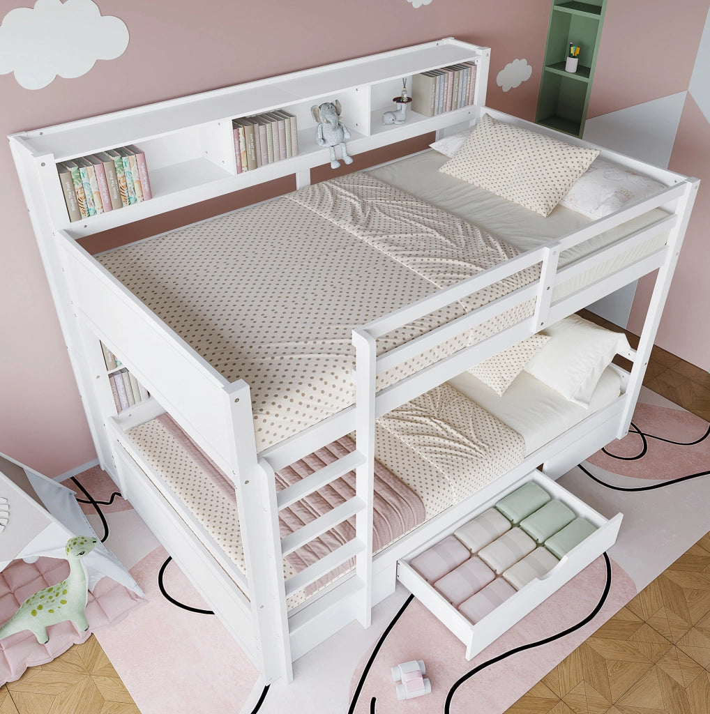 Letto a castello 90x200 cm con cassetto e vani portaoggetti; legno; bianco (Senza materasso)