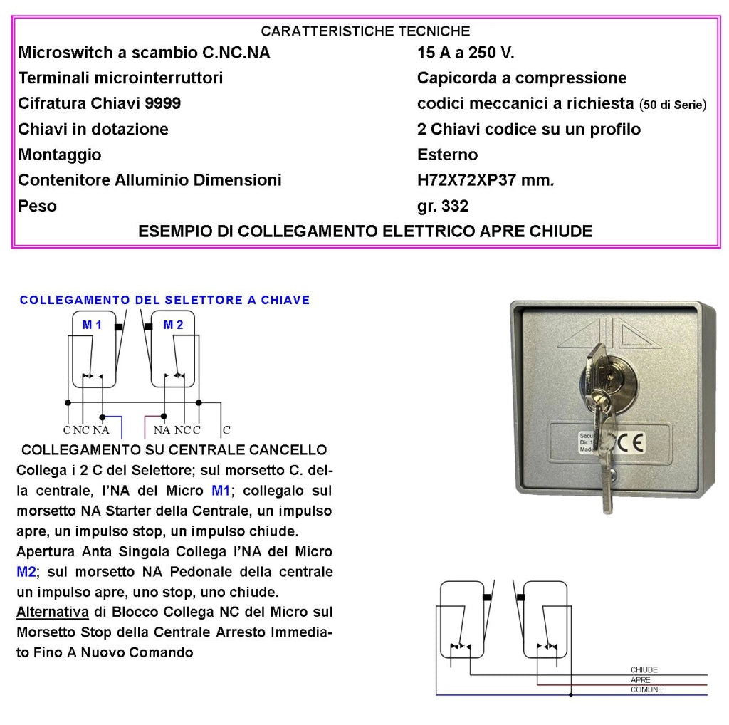Interruttore Selettore in Alluminio con Ritorno a Molla 2 Chiavi 3 Posizioni Apre Stop Chiude 2 Microswitch Contatti 15 A Isolamento 250 V Montaggio Esterno a Parete Comando Automatismi Apri Porta
