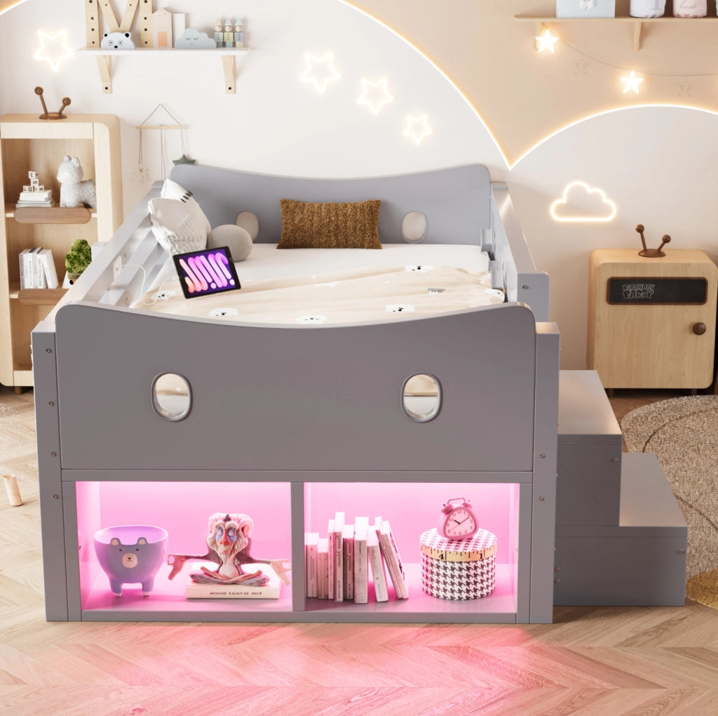 Letto singolo per bambini grigio 90 x 200 cm con cassetti, LED e prese USB