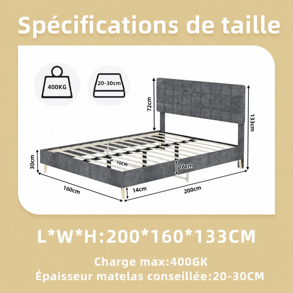 DESMIU Lit double 160 × 200 cm con testiera imbottita, senza materasso, in velluto grigio