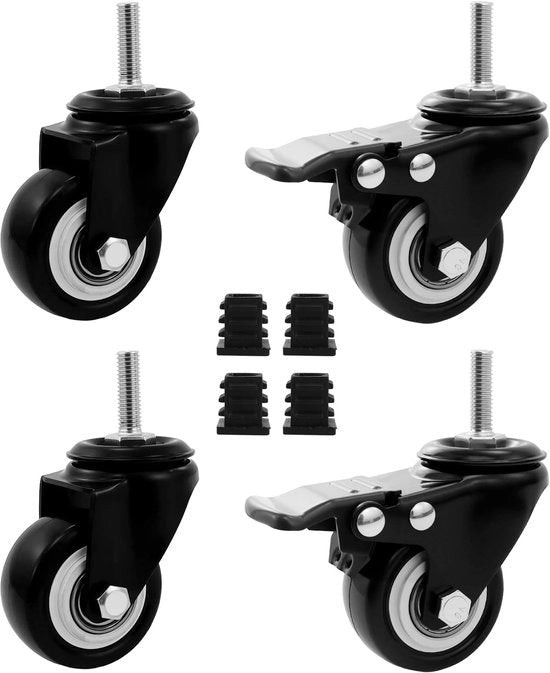 4 ruote da mobili, M8 x 25mm ruote fissate a vite, ruote silenziose a sterzo con freno fino a 70 kg (per ruota) 360 gradi girevoli per ruote di trasporto/carri e mobili, con 4 viti a spillo.
