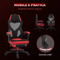 Vinsetto Sedia da Ufficio Ergonomica e Reclinabile con Poggiapiedi, in Tessuto a Rete, 58x63x112-122 cm, Nera e Rossa