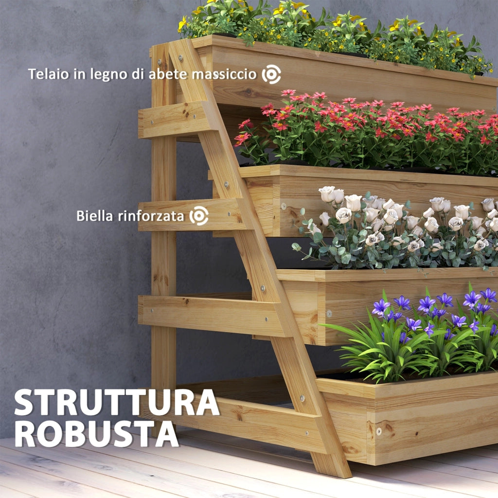 Fioriera Rialzata a 4 Livelli 75x57x60,5 cm con Fori di Drenaggio e Tessuto non Tessuto in Legno di Abete