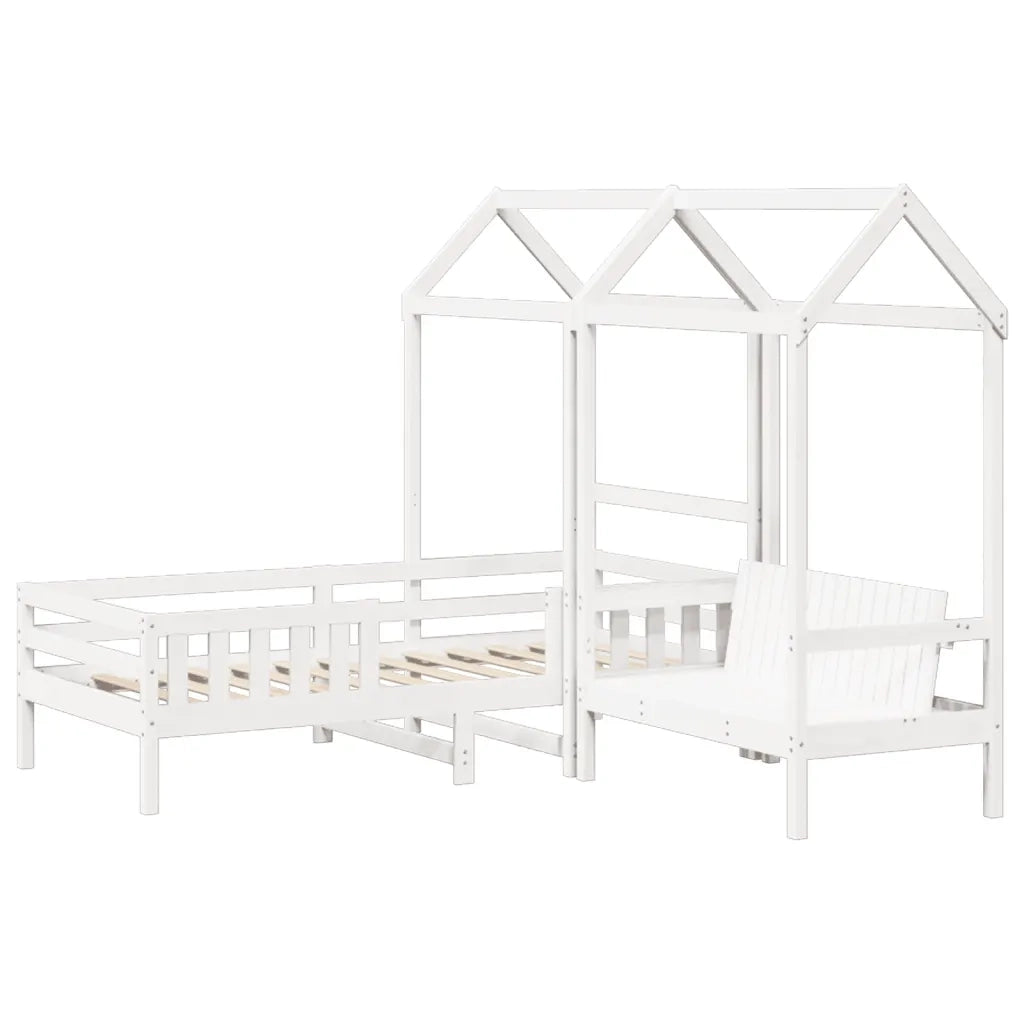 Letto singolo | Letto per adulti | Giroletto con Panca e Tetto Bianco 75x190cm Legno Massello Pino