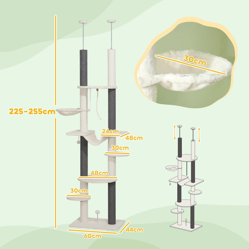 Tiragraffi ULEVR da pavimento a soffitto 225-255 cm con 2 amache, tiragraffi e piattaforme, bianco