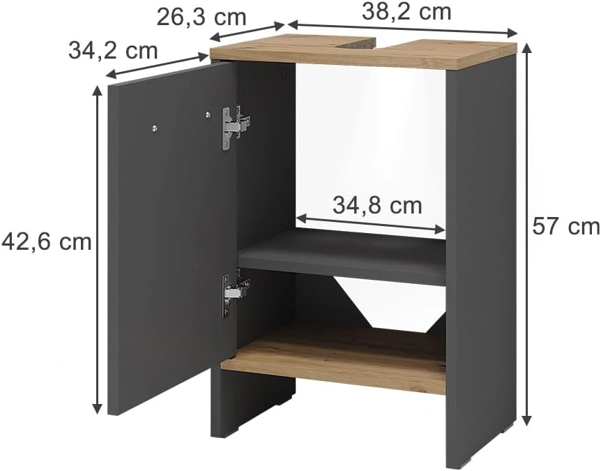 Mobile sottolavabo per bagno Karli, Antracite/quercia dorata, 38.2 x 57 cm con la porta