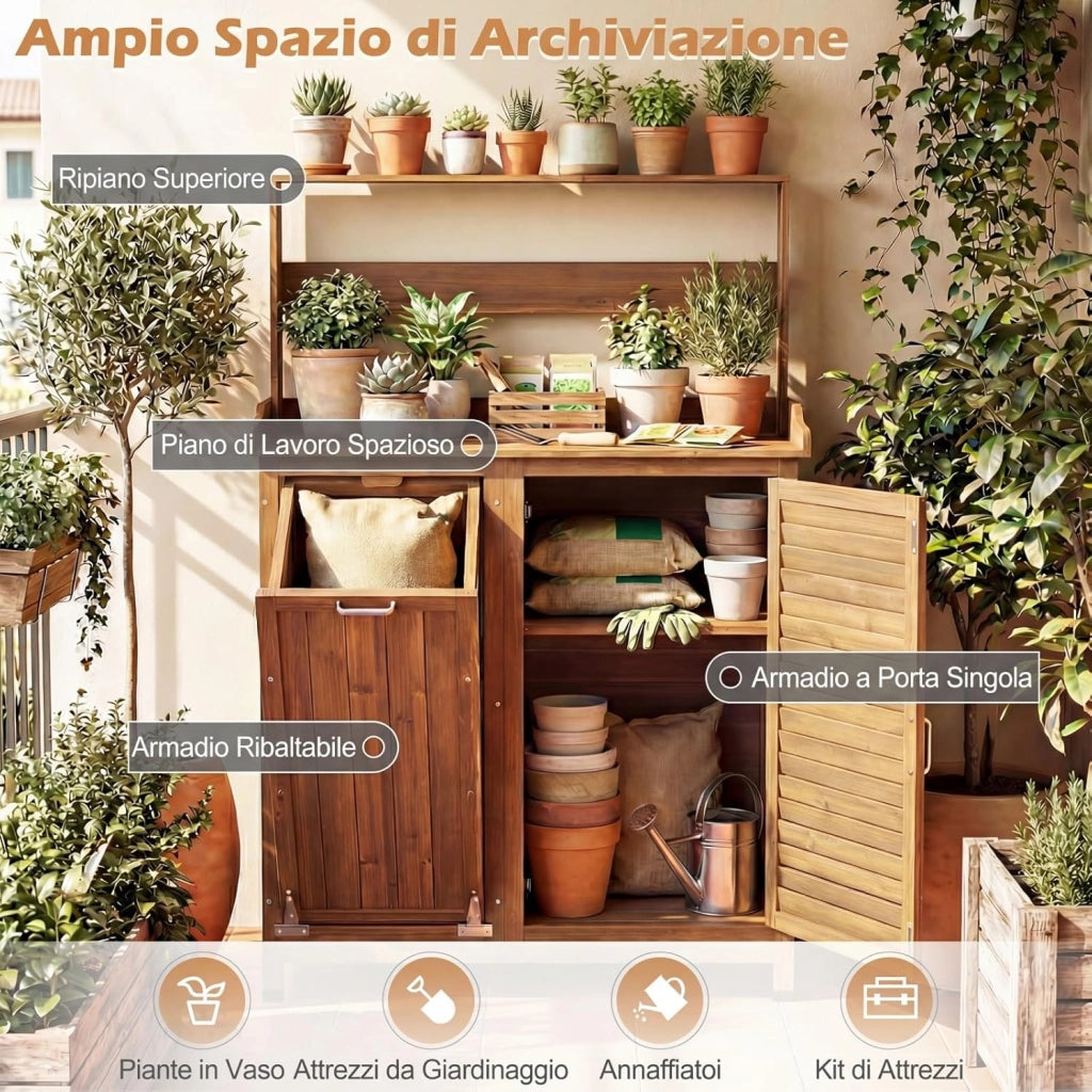 Tavolo da Giardinaggio, Armadietto da Esterno in Legno Massello con Ripostiglio, Ripiani Rimovibili e 2 Ante, Tavolo da Lavoro per Piante da Giardino, Prato e Cortile