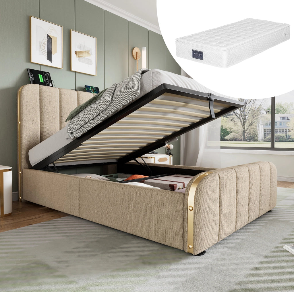 Letto singolo 90x200 cm con contenitore idraulico e USB-C beige