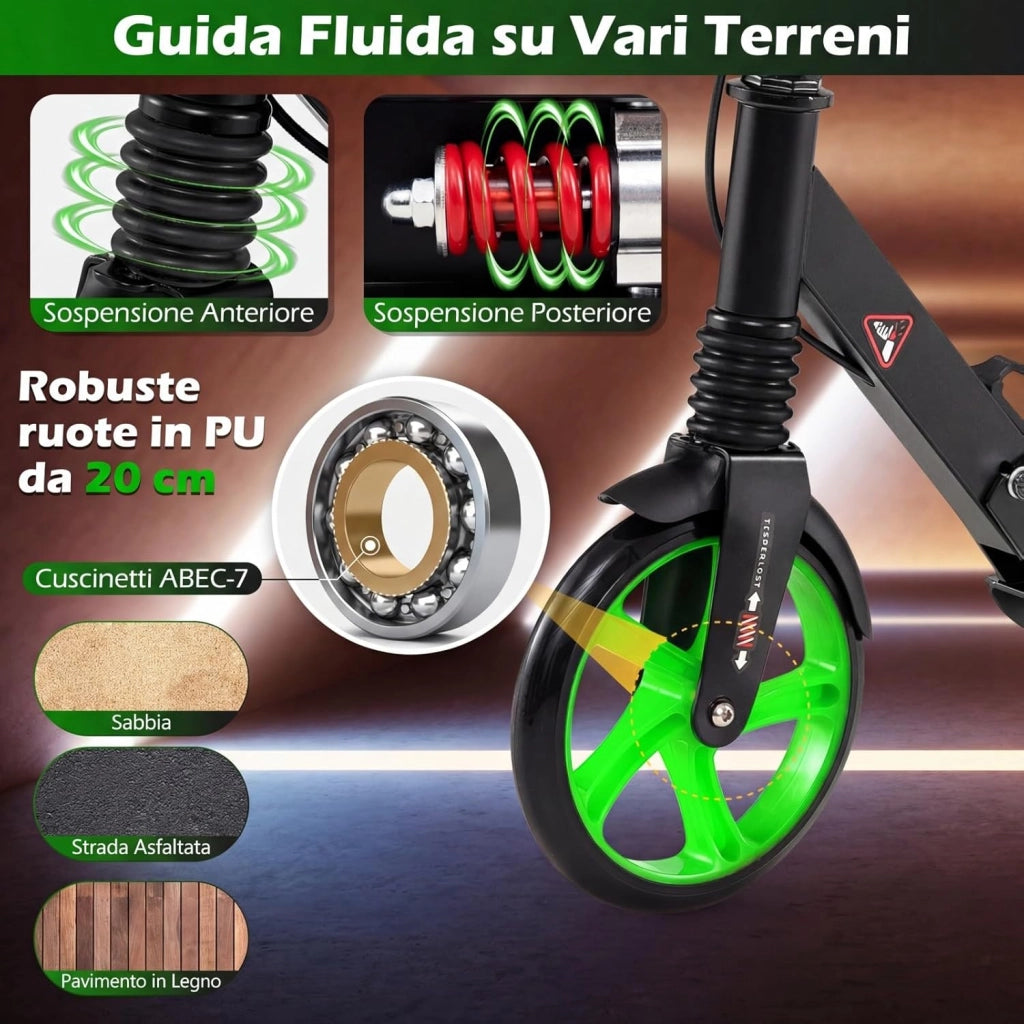 Monopattino Bambini e Adulti, Monopattino a Spinta Pieghevole e Regolabile in 3 Altezze, Monopattino Portatile con 2 Ruote, Cavalletto, Freno e Pedale Antiscivolo, Portata 100 kg