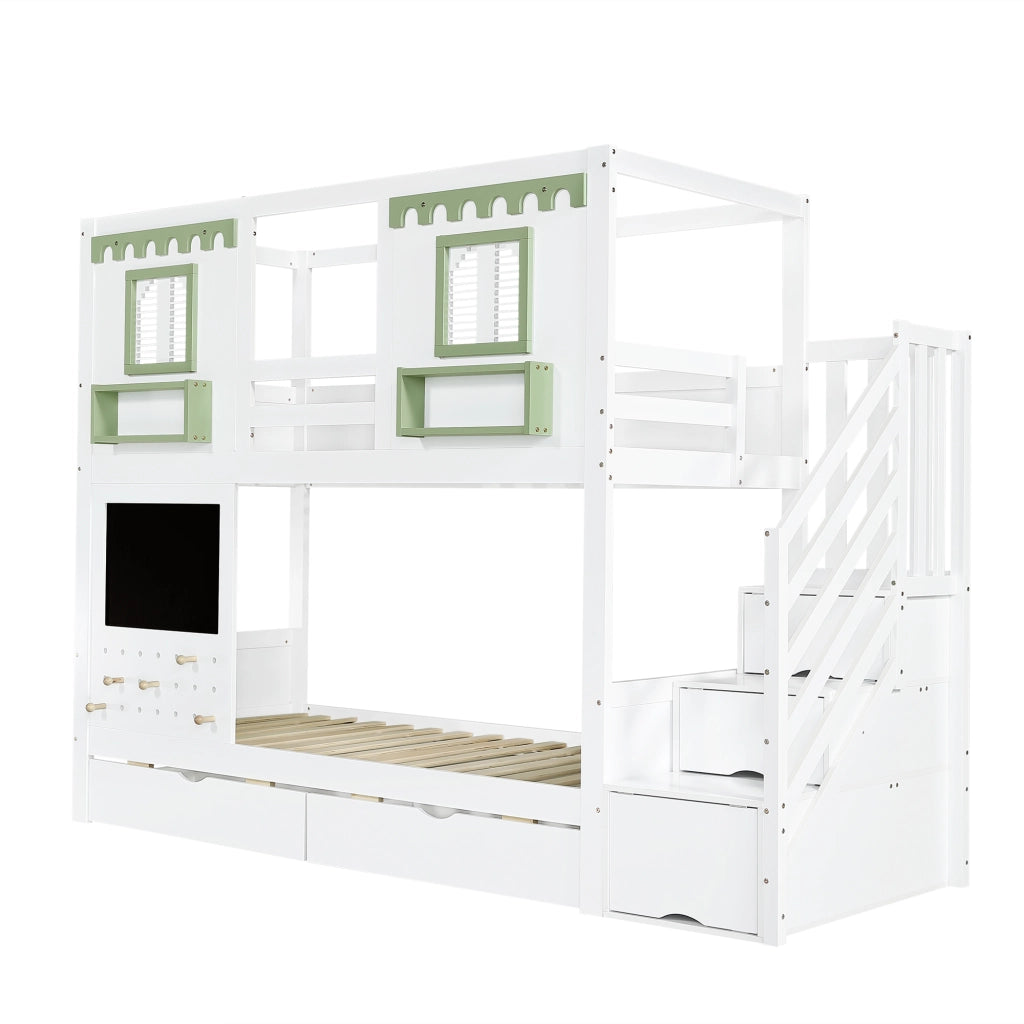Letto a castello 90x200 cm, letto per bambini, 5 ganci in legno, 2 cassetti, spazio contenitivo, bianco + verde