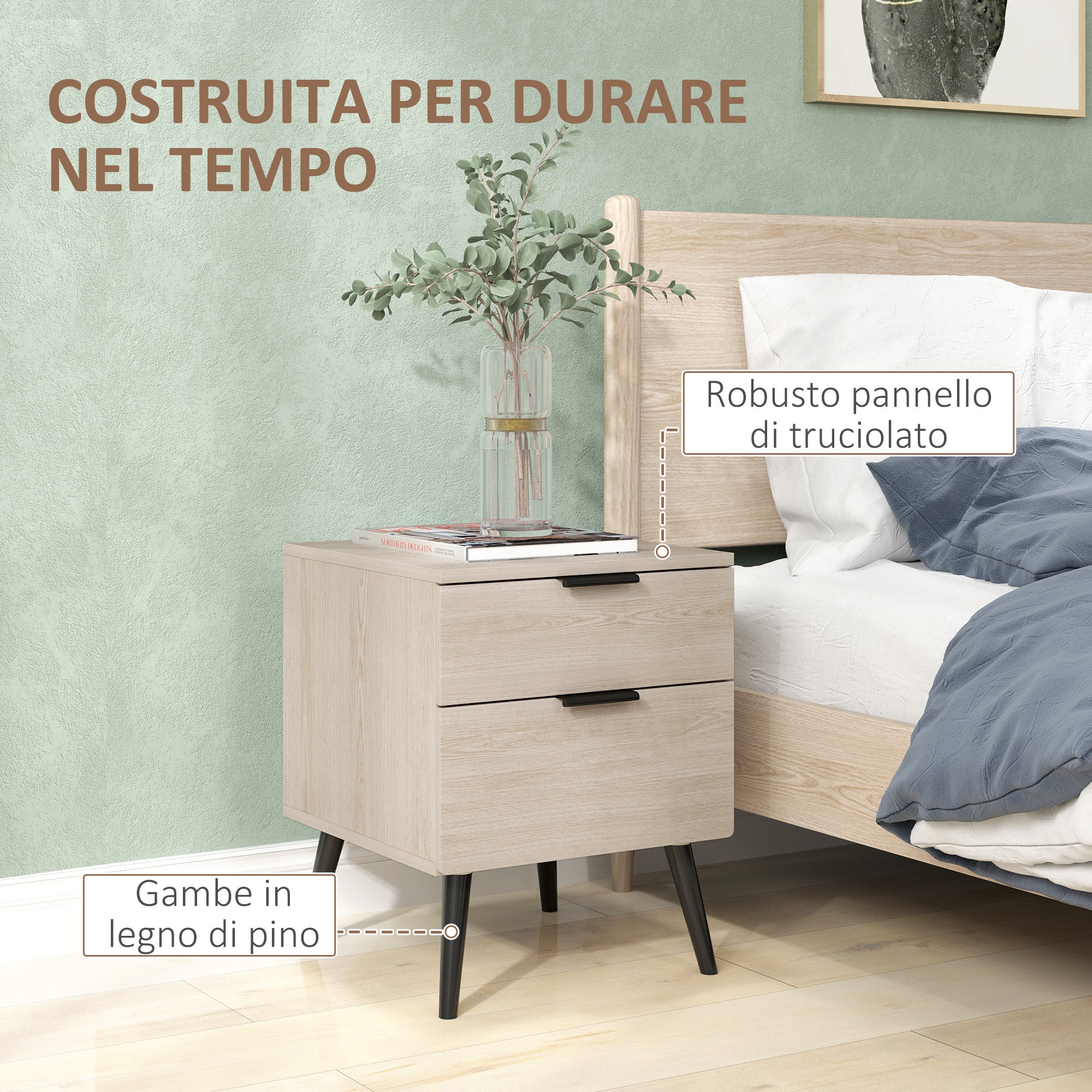 Set 2 Comodini Stile Nordico 40x40x50 cm con Cassetti in Legno Rovere