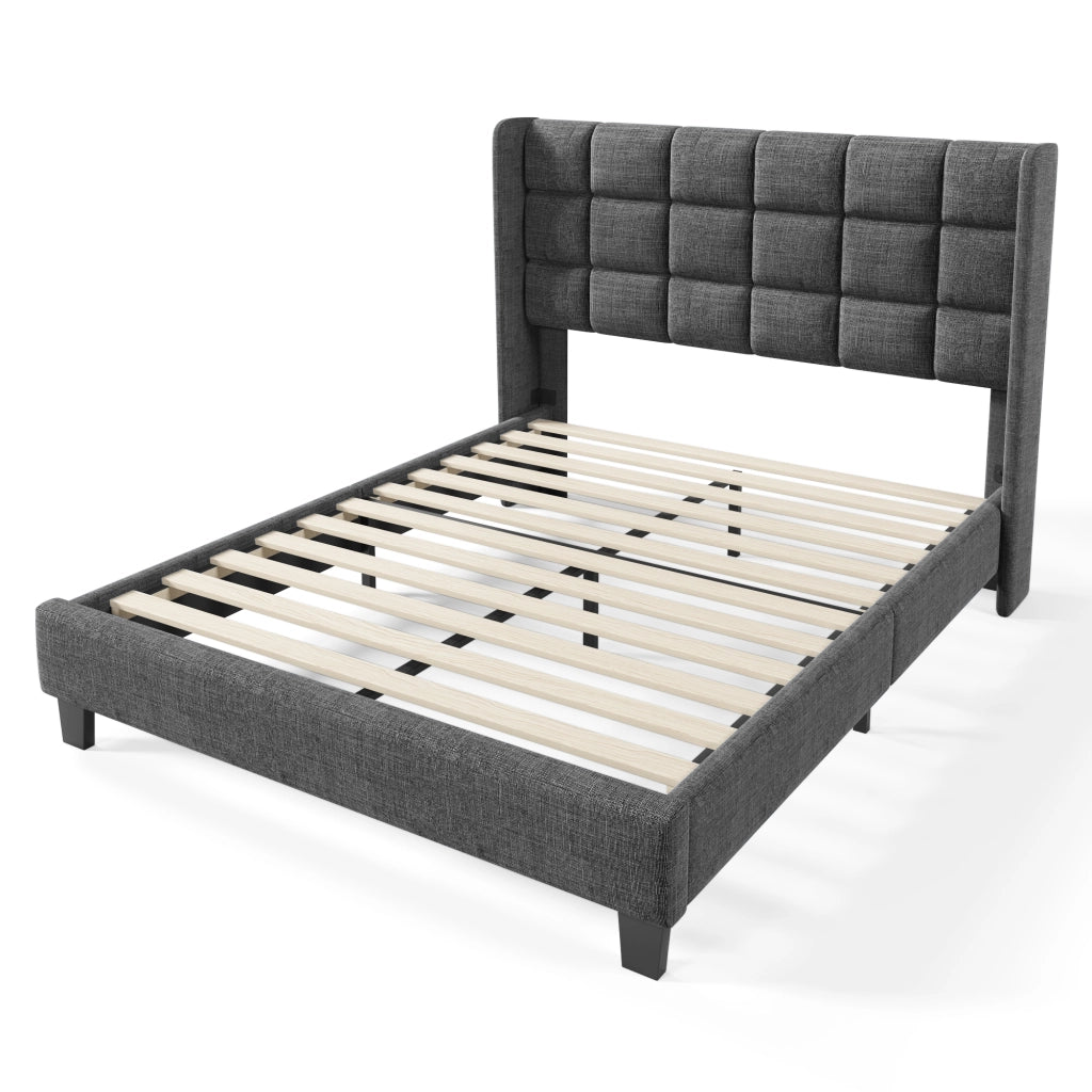 LETTO Matrimoniale 140x200 cm in lino grigio con rete a doghe