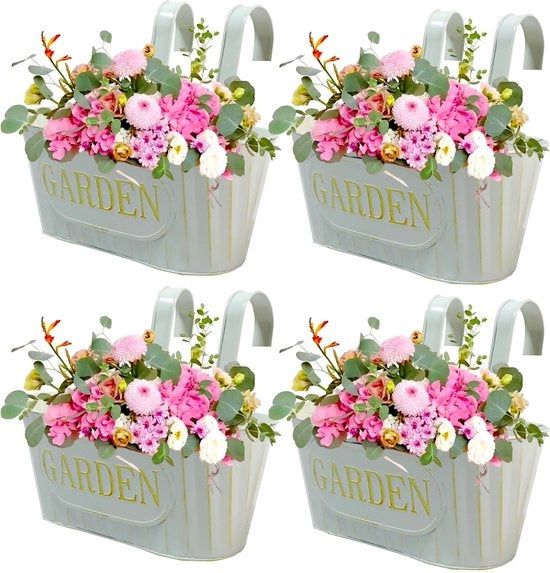 Set di 4 vasi per piante in metallo vintage con fori di drenaggio rimovibili, vaso da balcone, vasi da appendere per piante da esterno, balcone, giardino, 27×14,5×24 cm