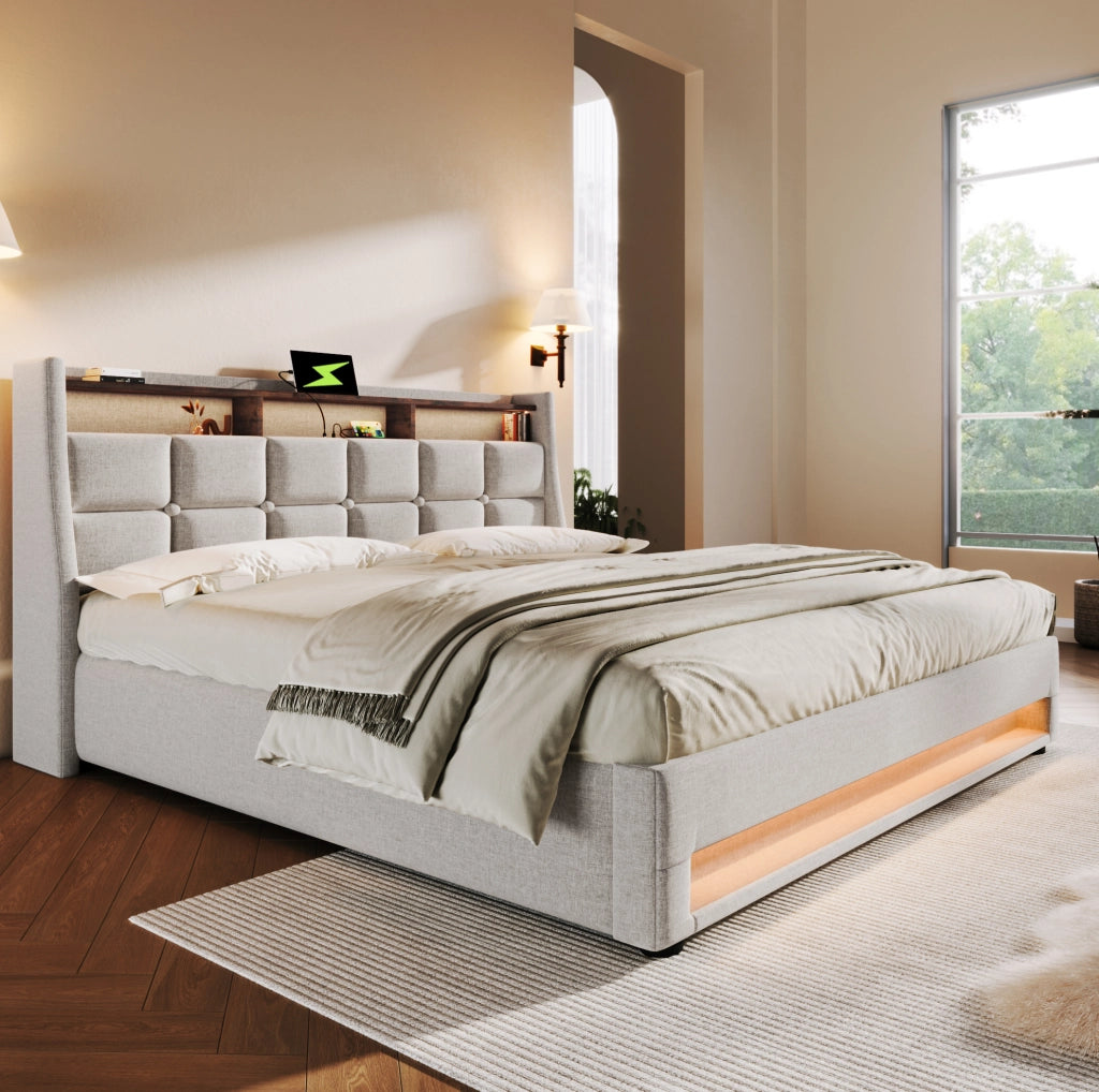 Letto imbottito 160x200 cm beige con LED, USB e vano contenitore