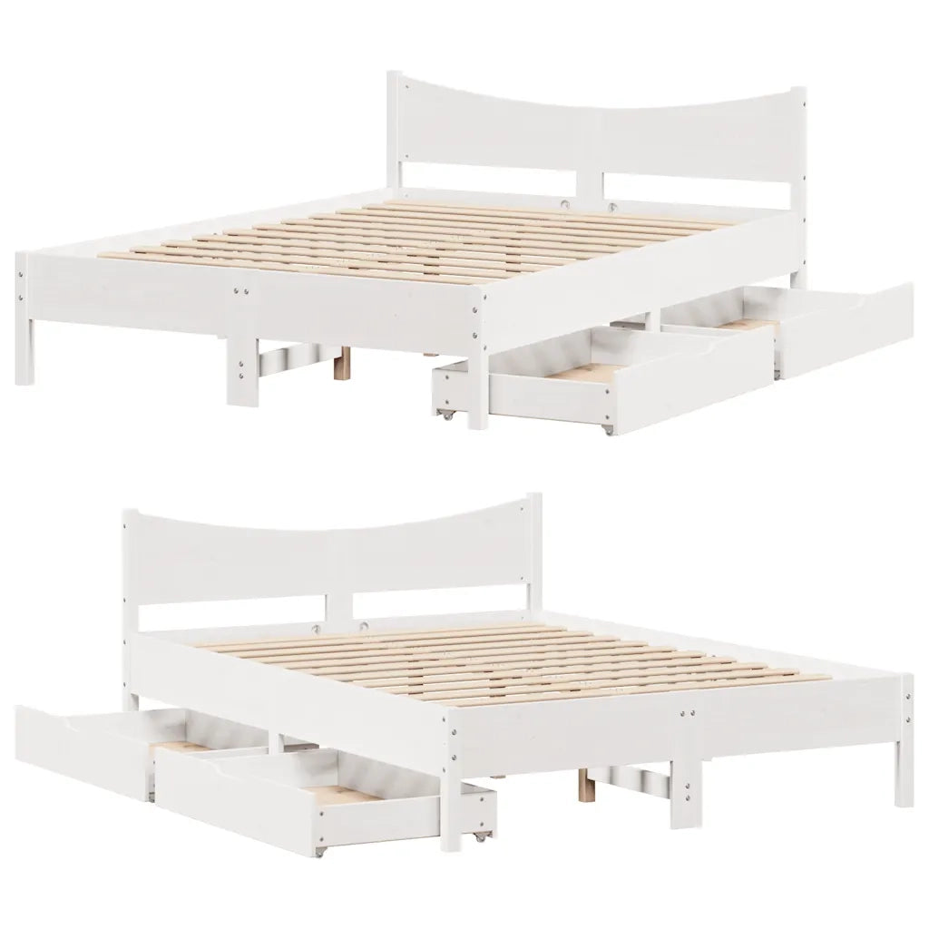 Letto matrimoniale | Letto per adulti | Giroletto con Cassetti Bianco 135x190 cm Legno Massello di Pino