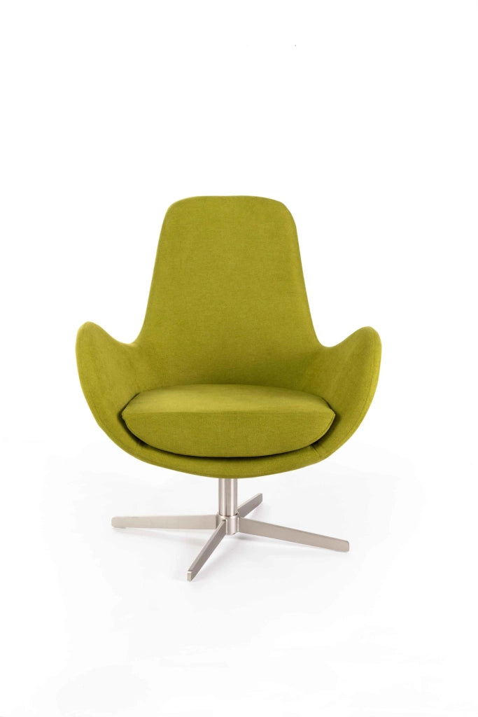 Poltrona Girevole Olga in Tessuto Verde con Base Cromata in Metallo - Design Moderno Sinuoso per Arredo Interno 72x64x85 cm