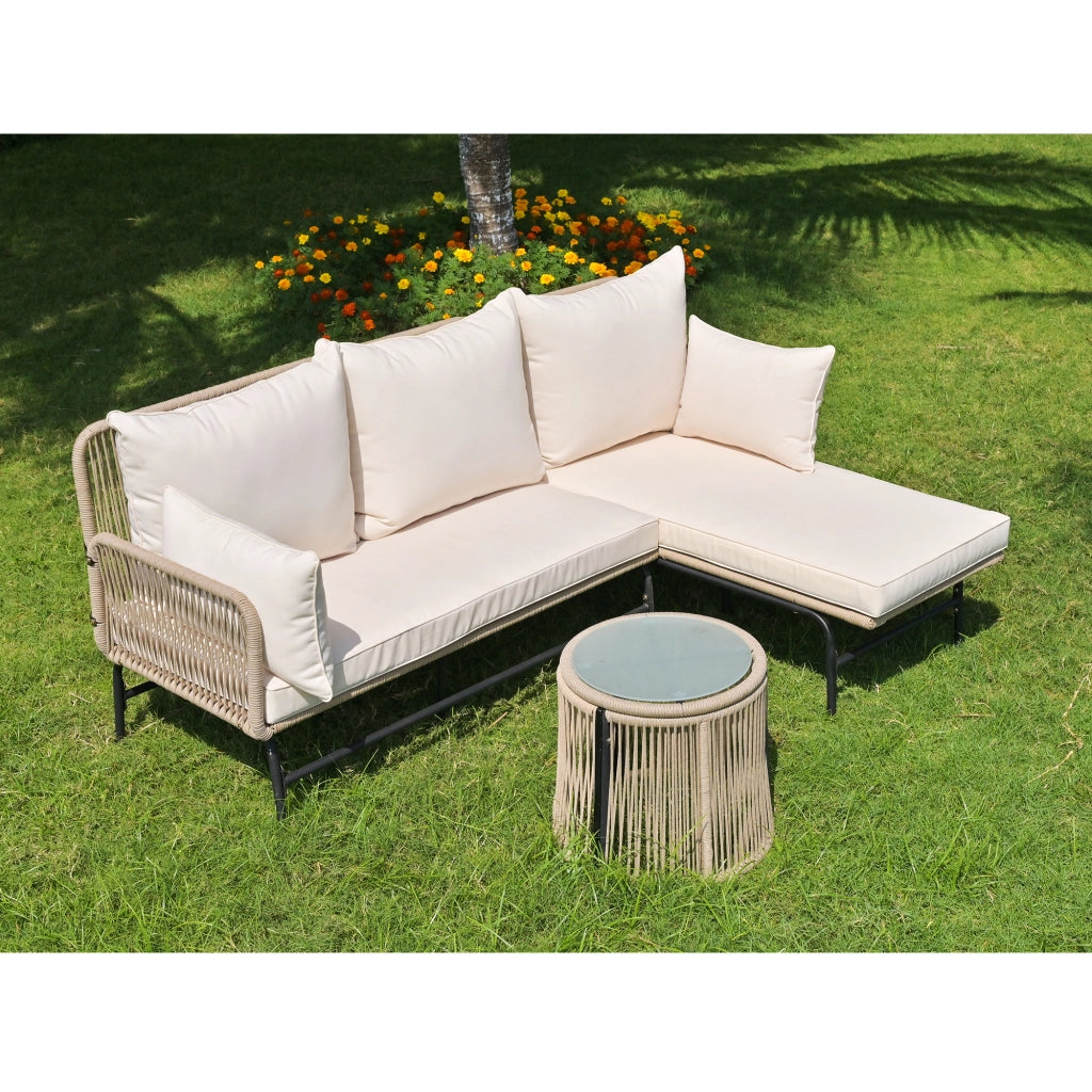 Set giardino: metallo + corda beige; sedute L + tavolo; uso esterno