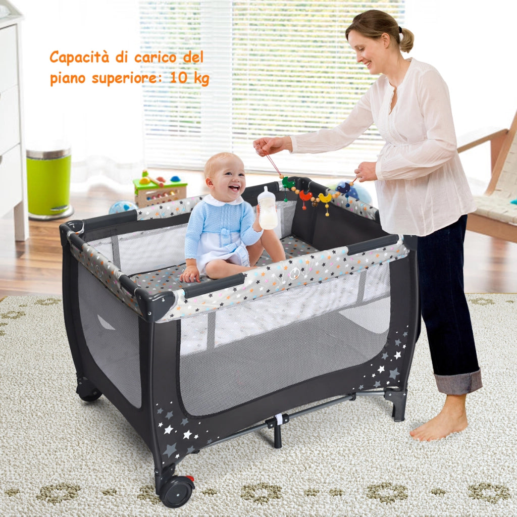 Box portatile per bambini con design pieghevole e 2 ruote, Centro attivit¨¤ resistente e durevole 125x65x76cm Grigio