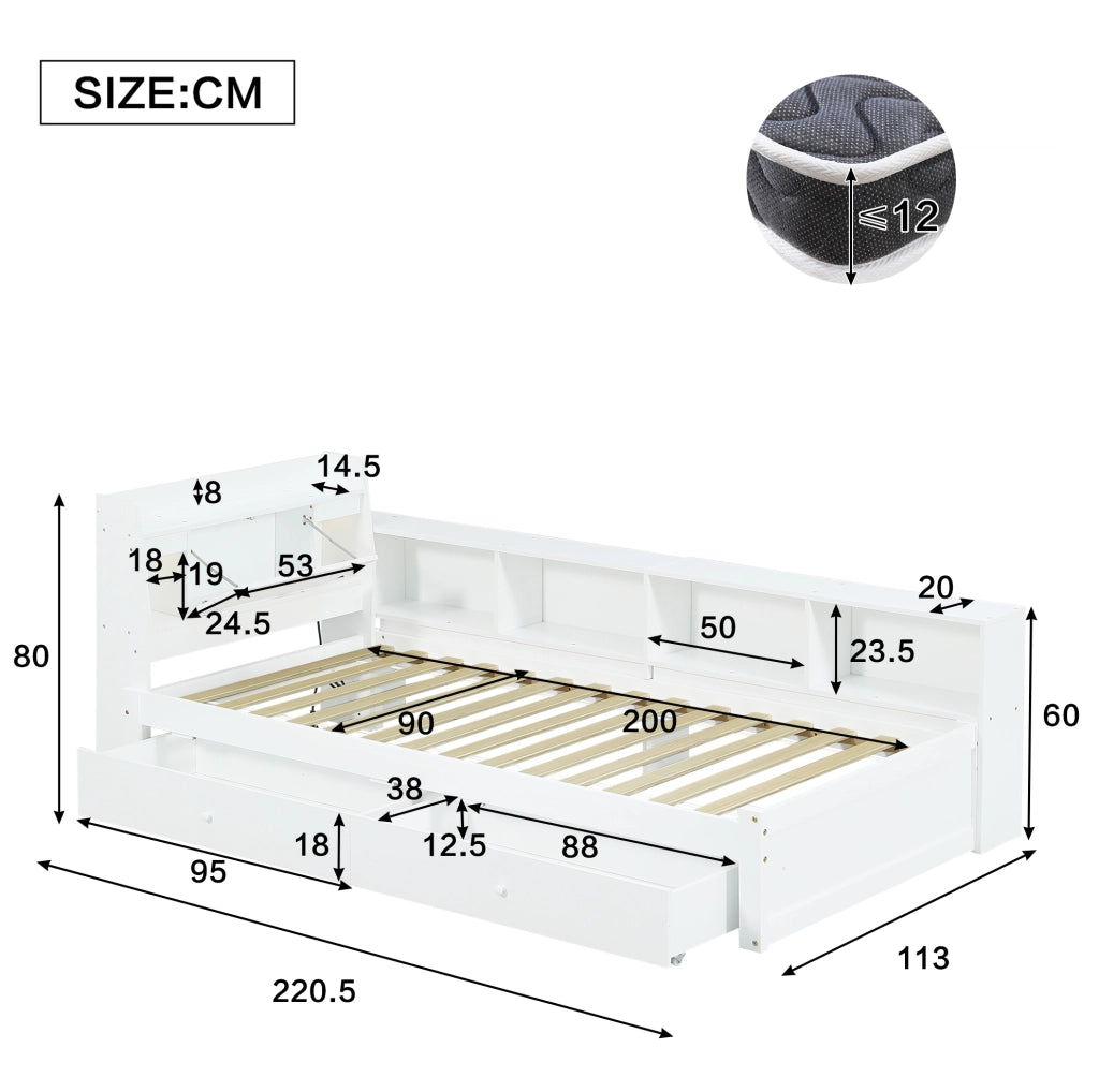 Letto singolo 90x200 cm con contenitore, 2 luci e presa di ricarica