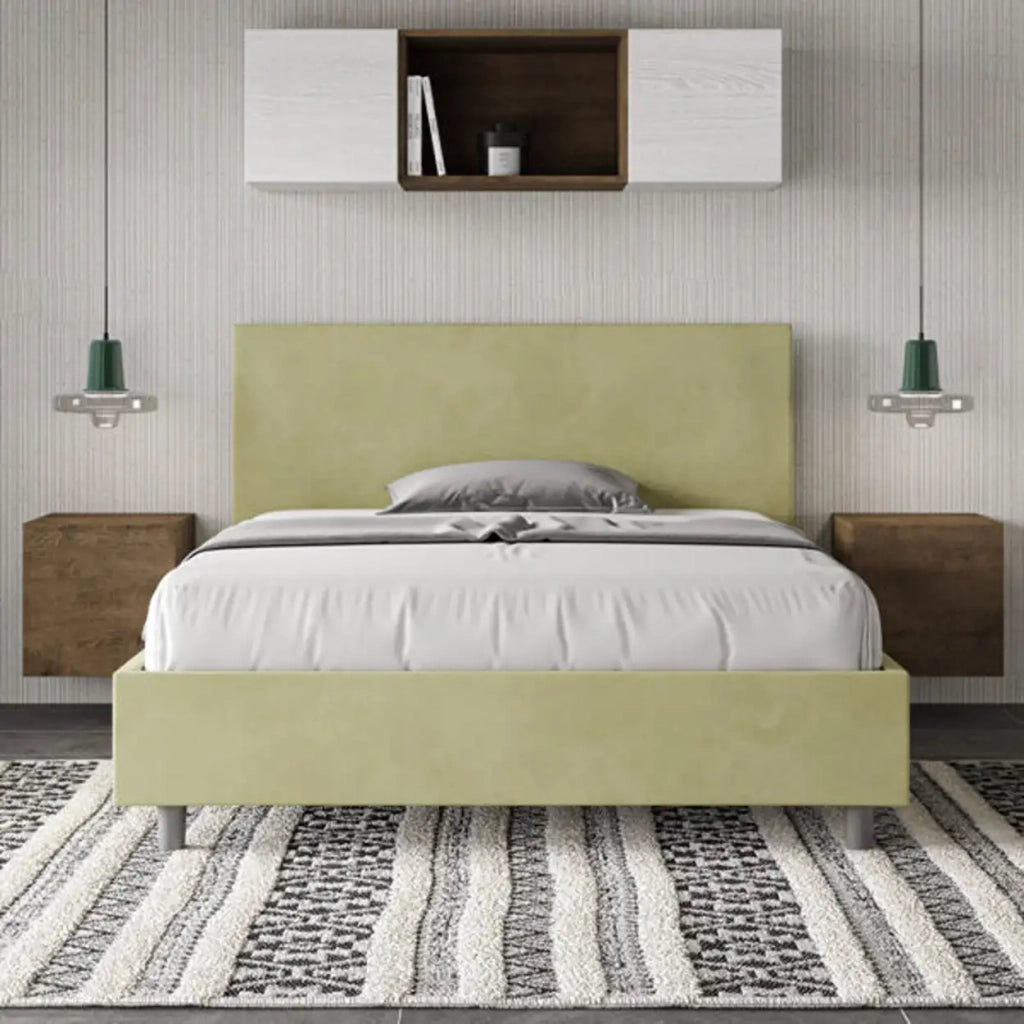 Letto matrimoniale francese senza rete imbottito 140x210 microfibra tè verde Adele