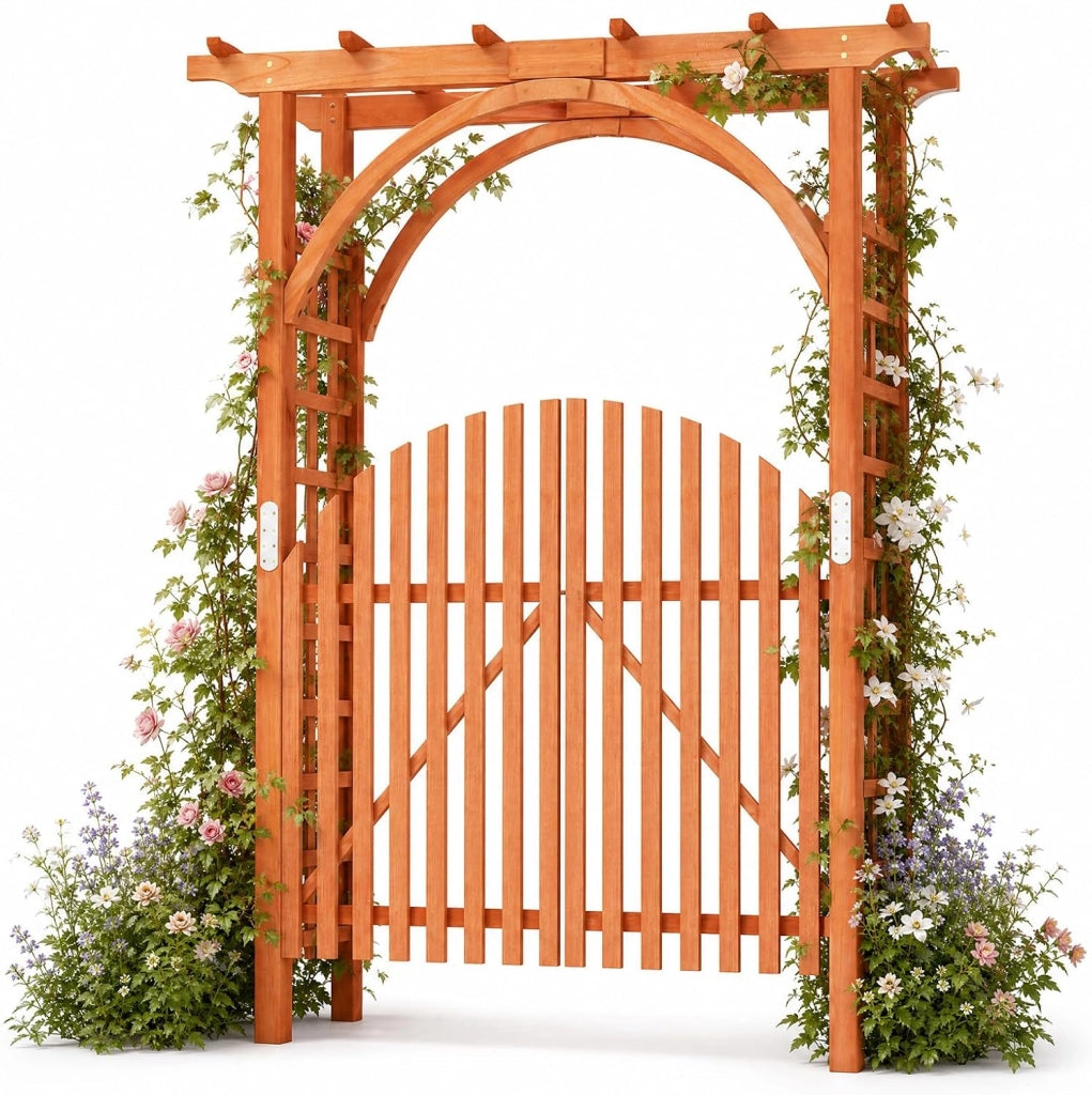 Arco da Giardino in Legno Abete, Pergola per Piante Rampicanti | con Cancello e Serratura, Pergolato Decorativo da Esterno per Matrimonio, Cerimonia e Festa, 161 x 60 x 216 cm