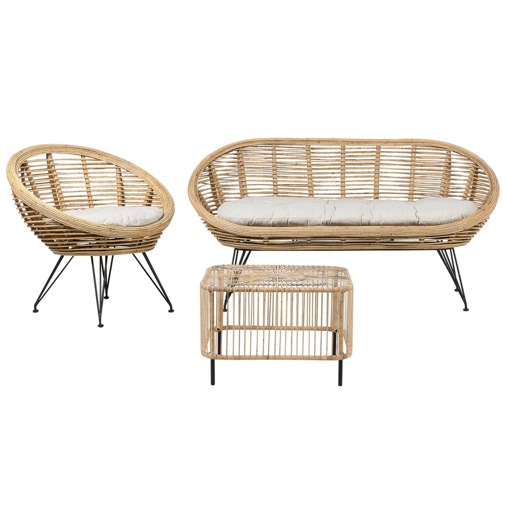 Set di divani a 3 posti con tavolino in rattan naturale beige chiaro con cuscino in cotone di media resistenza per interni, all'aperto, in stile bohémien,