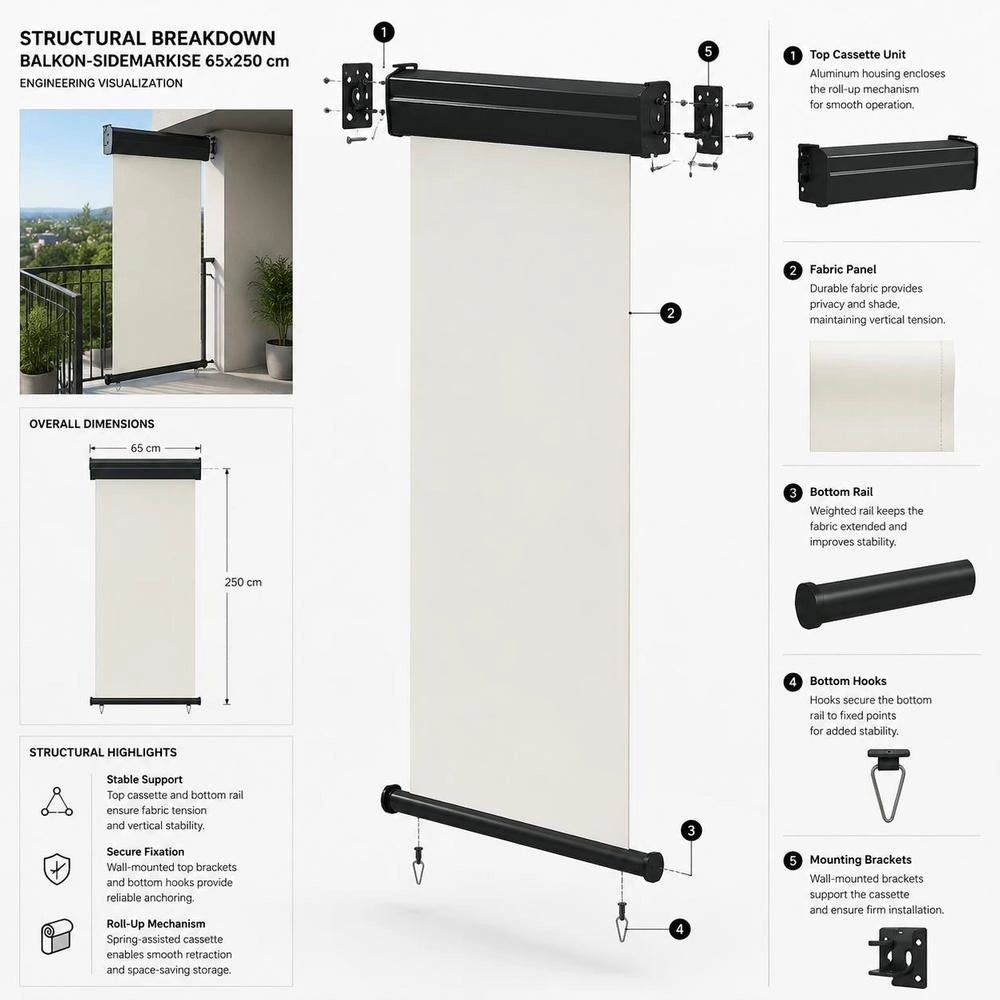 Balcony Side Awning 65x250 Cm Cream