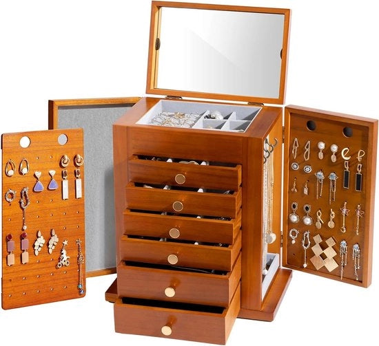 Cassettiere in legno 7 strati per gioielli - contenitore per orecchini, bracciali, collane e orologi con specchio - scatola di conservazione - marrone