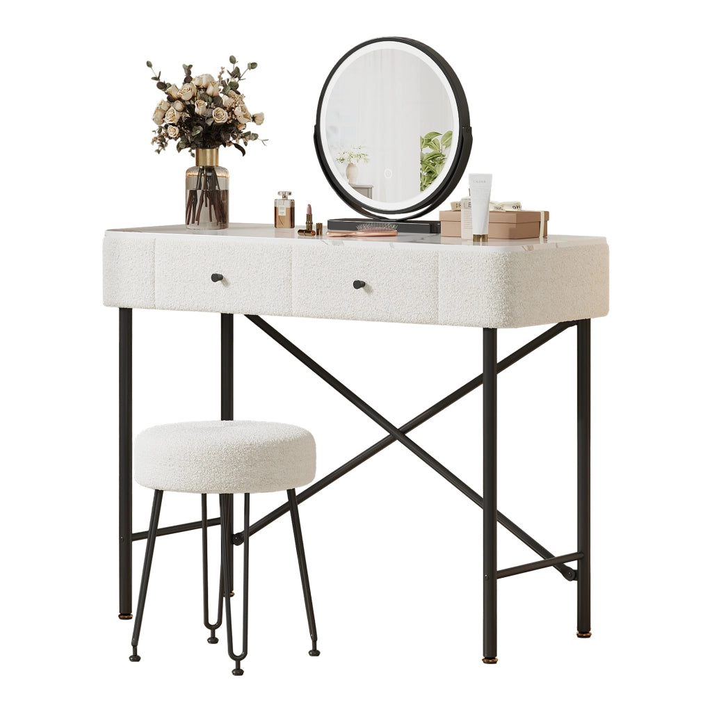 Tavolo Trucco con LED e Sgabello ¨C MINIMAL ¨C Bianco e Nero, 2 Cassetti, Piano Marmo, 100x40x120