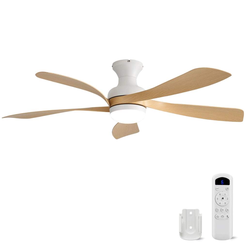 Ventilatore da soffitto bianco con LED dimmerabile, motore DC silenzioso e telecomando
