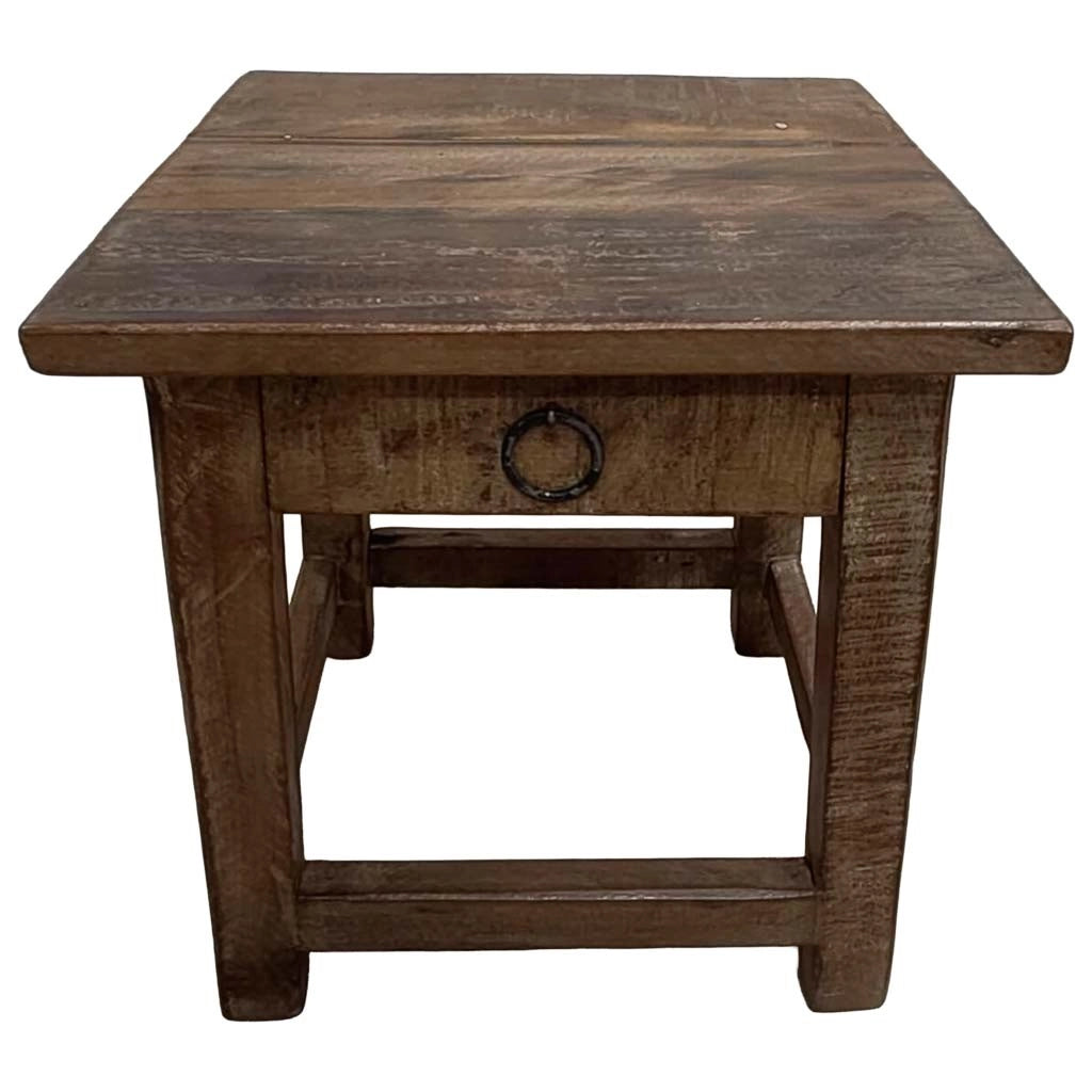 Sgabello con cassetto in legno con finitura artigianale marrone 25x25x29 h cm