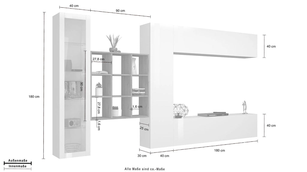 Parete Attrezzata Soggiorno 350x30x180 cm Maruska n°23 Bianco Lucido/Rovere Wotan