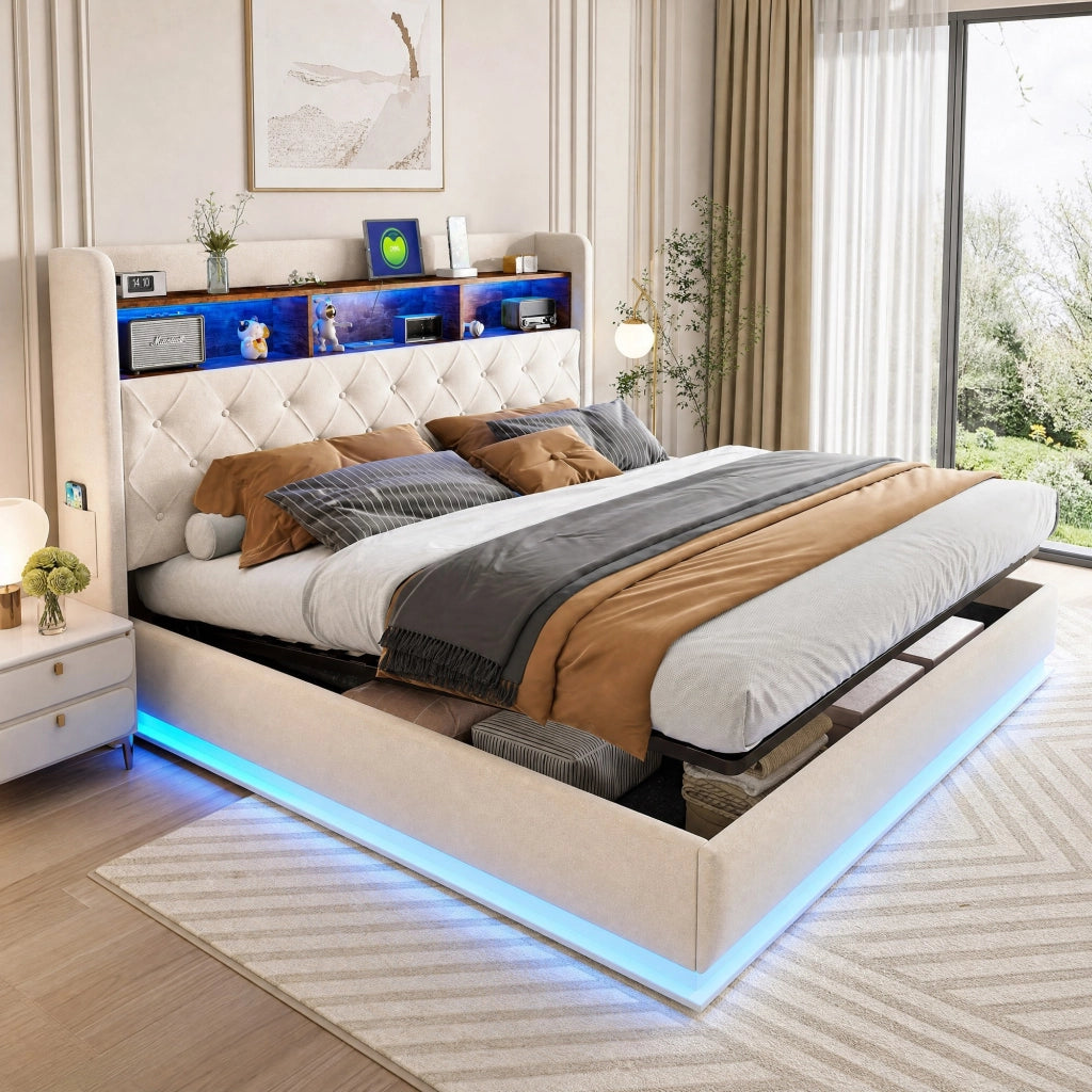 DESMIU Letto Contenitore 180 × 200 cm 2 posti con USB, LED regolabile e vano idraulico, senza materasso, beige